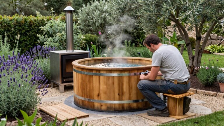 Bain nordique fait maison en bois naturel pour détente extérieure