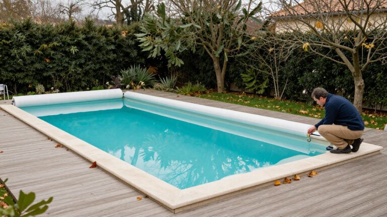 Hivernage piscine au sel avec volet roulant pour protection hivernale