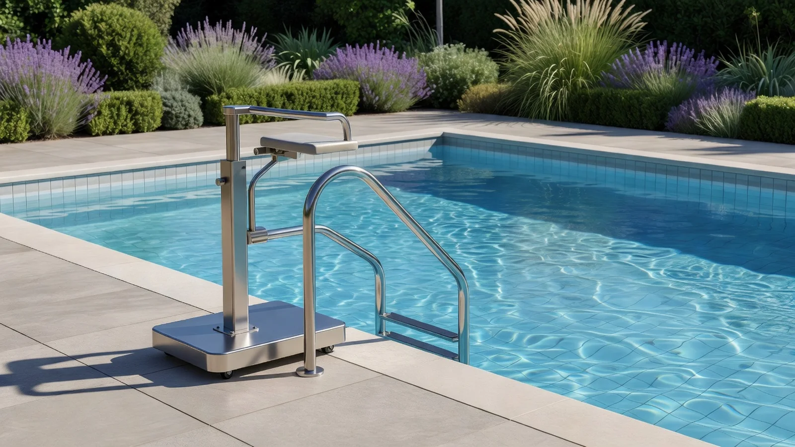 Un élévateur mobile et une rampe d’accès inox au bord d’une piscine extérieure pour aménager une piscine pour un handicapé.