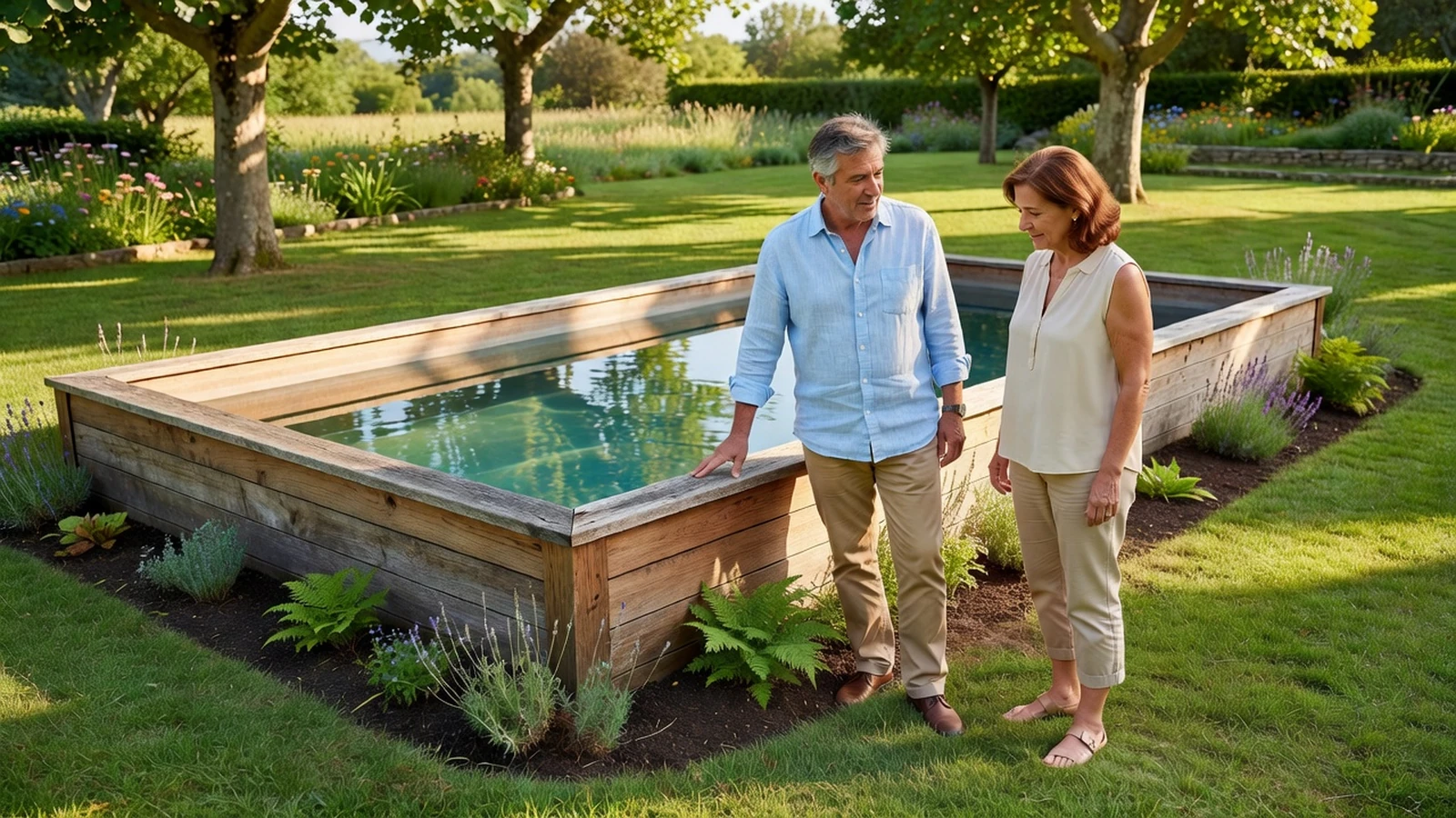 Un couple examine la structure en bois d'une piscine semi-enterrée pour vérifier sa durabilité dans leur jardin.