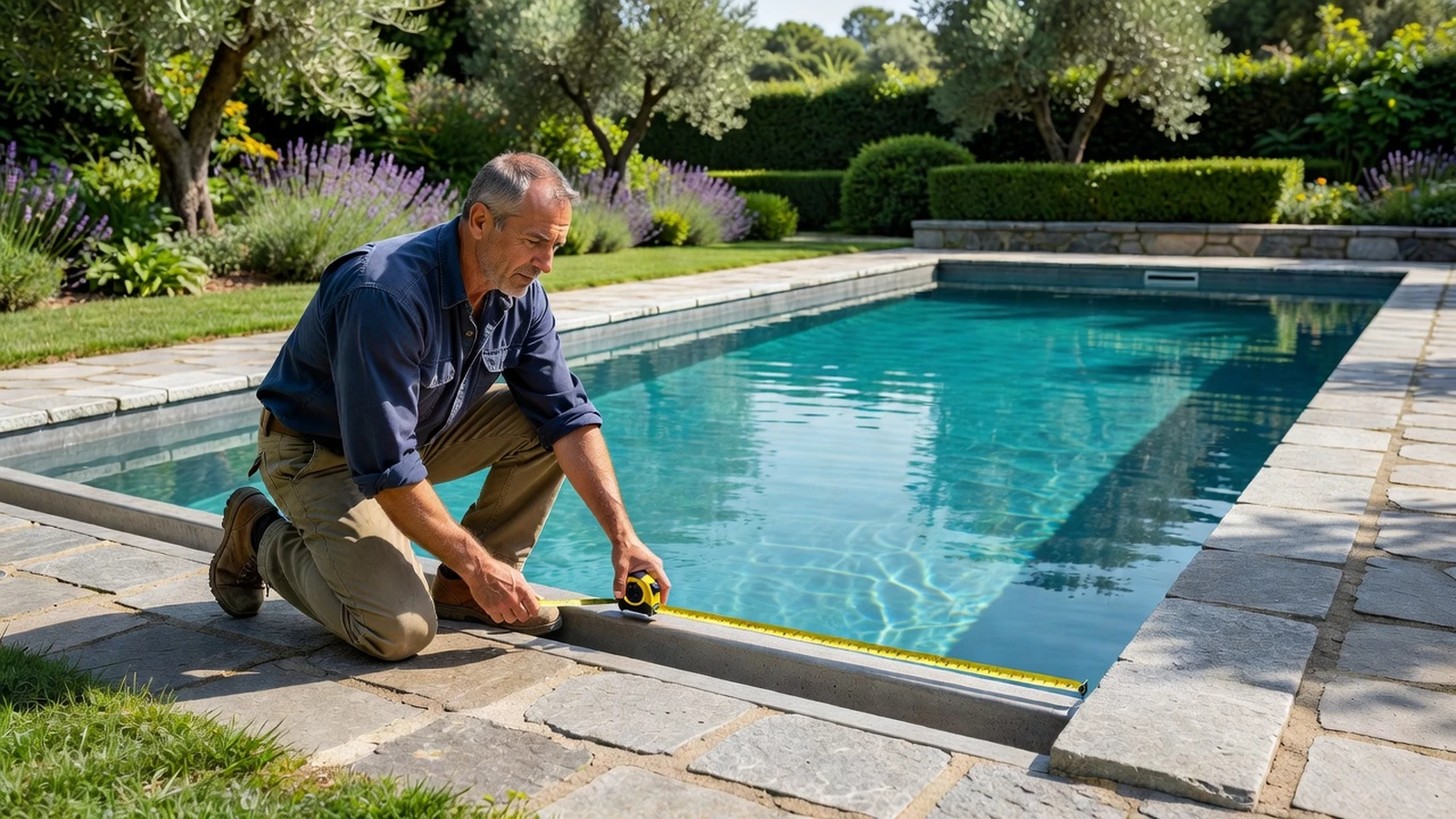 Homme mesurant précisément les dimensions d'une piscine à débordement avant installation