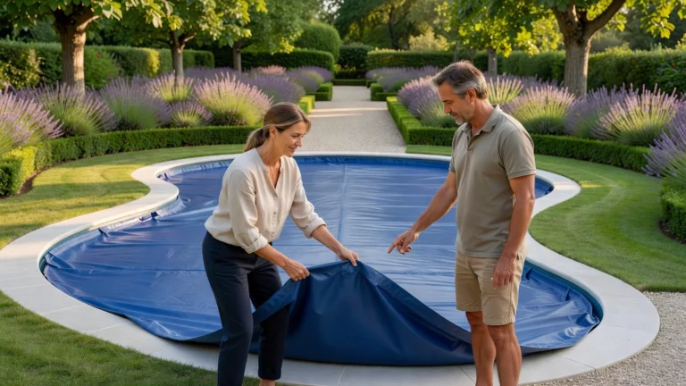 Un couple ajuste précisément une bâche sur-mesure le long des courbes d'une piscine en haricot.