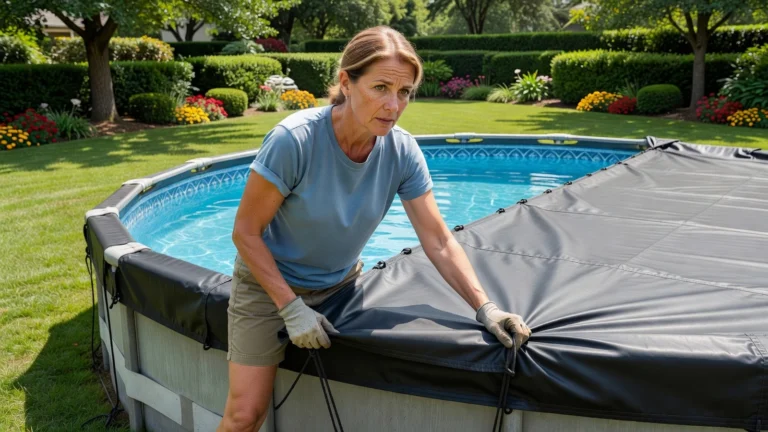 Une femme ajuste avec précaution la tension d'une bâche opaque sur une piscine hors sol pour éviter les froissements.
