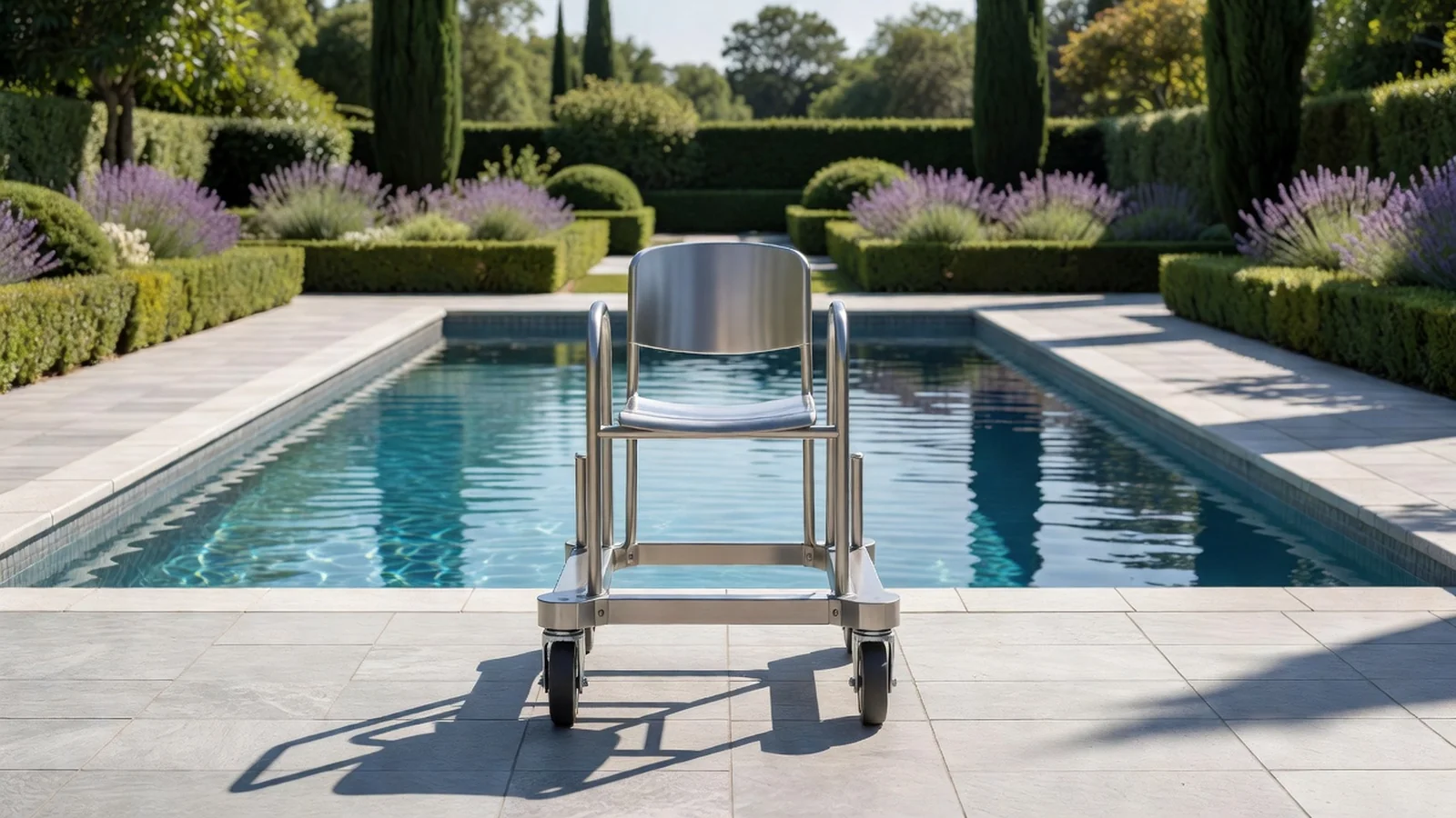 Un lève-personne mobile inox sur la plage d'une piscine, prêt pour installer un lève-personne dans une piscine.