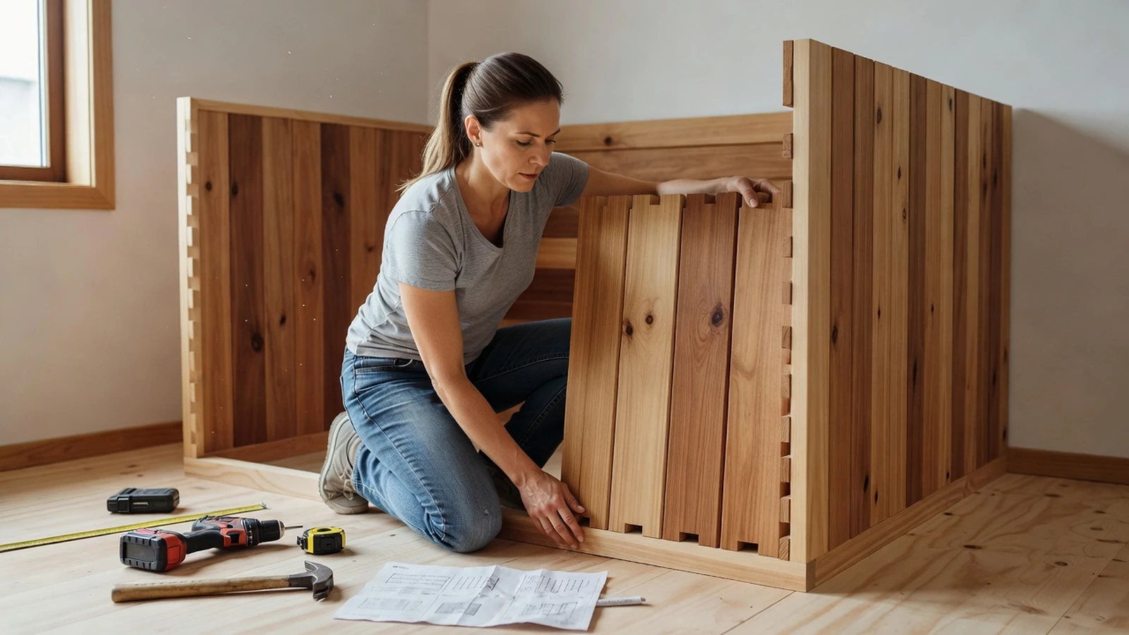 Femme assemblant la structure d'un sauna à installer dans sa maison.