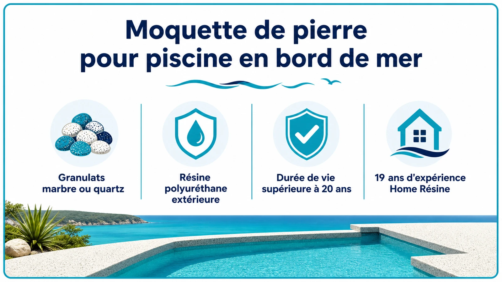 Infographie des critères de résistance et de durabilité de la moquette de pierre pour piscines exposées à l'air marin.