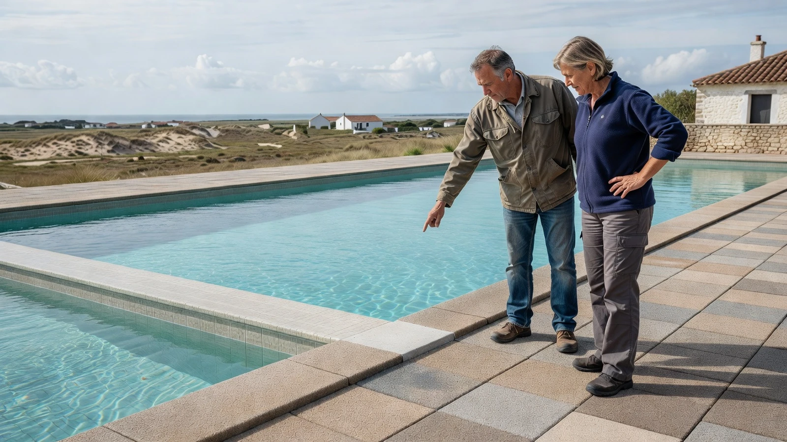Couple vérifiant l'adaptation de la moquette de pierre sur un support en béton autour d'une piscine.