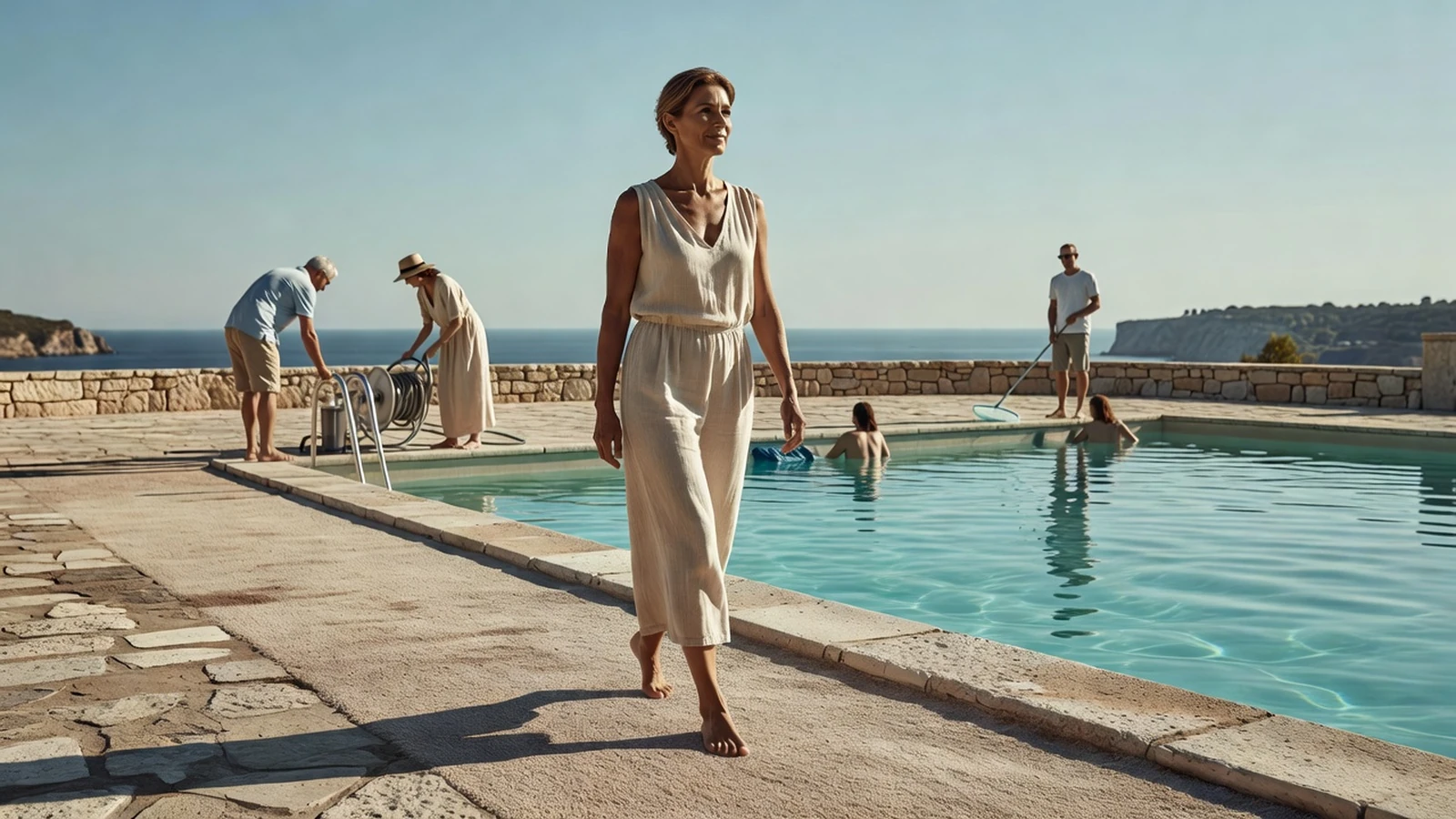 Femme marchant pieds nus sur la moquette de pierre antidérapante au bord d'une piscine en Charente-Maritime.